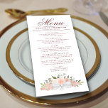 Menú Elegante color de agua rosa Floral Boho Moda Boda<br><div class="desc">Este bonito menú le dará un toque de elegancia a la recepción de bodas. Tiene un bonito diseño floral de moda boho, con un conjunto de rosas acuáticos pintados a mano y flores en tonos rosa rosa pastel, melocotón de coral y malva, además de brotes de hojas de eucalipto y...</div>