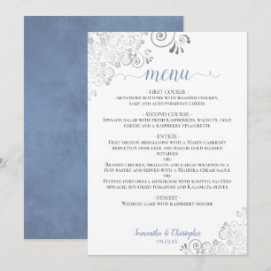 Menú Elegante color plateado azul turbio sobre Boda bla