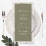 Menú Elegante color sólido Olive Lily Green Boda<br><div class="desc">Elegante menú de Boda verde oliva de color sólido. Esta moderna tarjeta de menú de moda es sencilla, clásica y elegante, con un fondo de color sólido y un tipo de letra de caligrafía con bonito con cruz. Mostrado en la nueva autopista. Con un monograma de bonito en la parte...</div>
