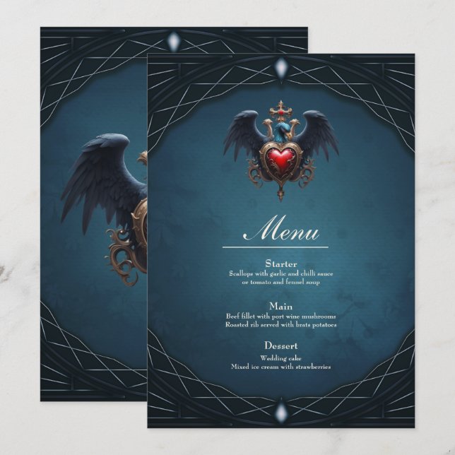 Menú Elegante corazón gótico con pájaro de fantasía. (Anverso / Reverso)