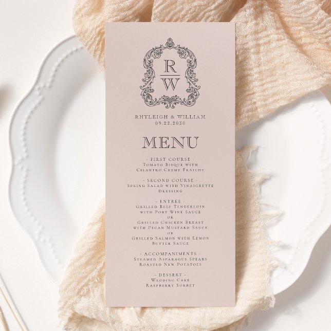 Menú Elegante Cresta de Monograma Rosa Rubor Boda (Subido por el creador)