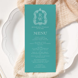 Menú Elegante Cresta de Monograma Turquesa Boda Blanca