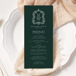 Menú Elegante Cresta de Monograma Verde Bosque Boda