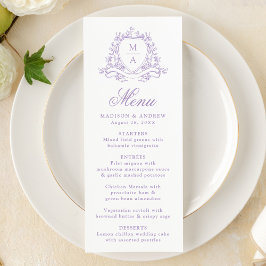 Menú Elegante Cresta Floral de Lavanda Monograma Boda
