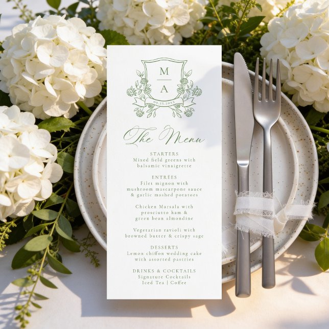 Menú Elegante Cresta Floral Verde Monograma de Boda (Subido por el creador)