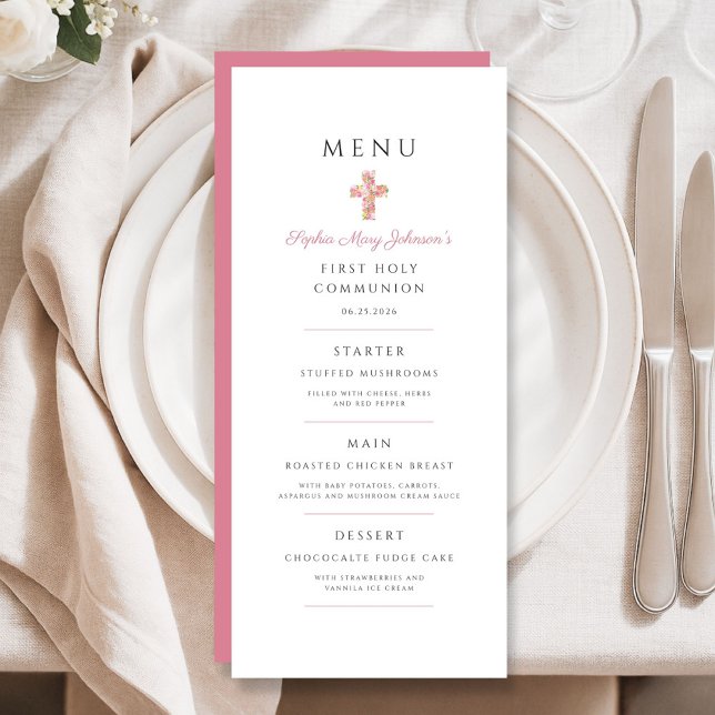 Menú Elegante Cruz Floral Rosa Primera Comunión (Elegant Pink Floral Cross First Communion Menu)