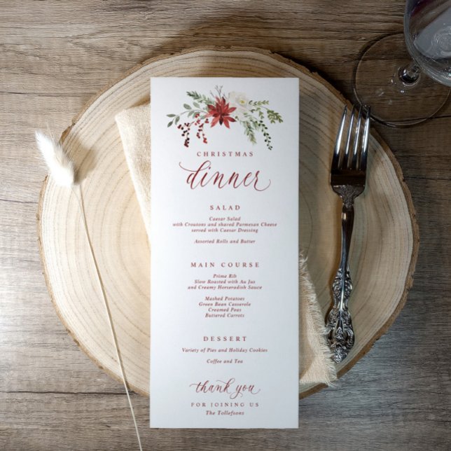 Menú elegante de cena de Navidad con acuarela fest (Elegant watercolor Christmas dinner menu with poinsettias, greenery, and floral accents.)