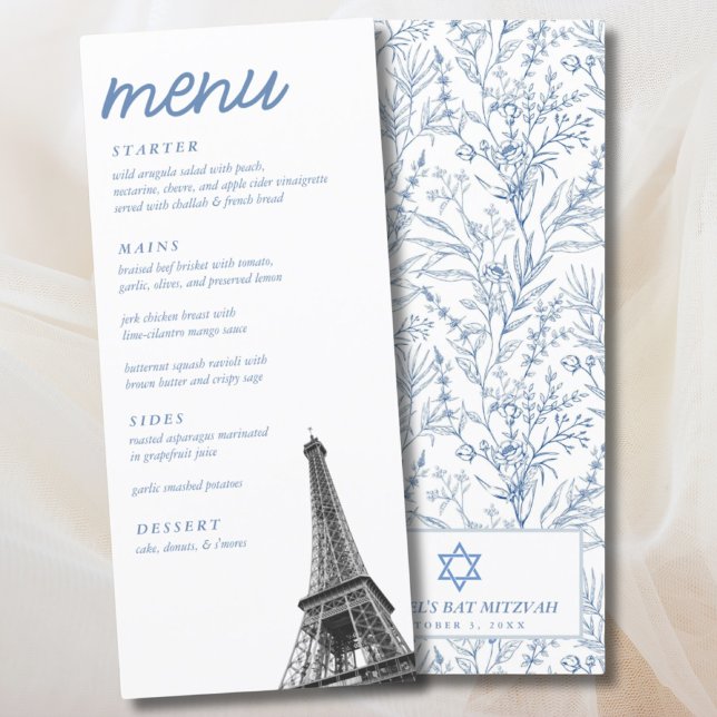 Menú elegante de la torre Eiffel de la toile franc (French Toile Bat Mitzvah Eiffel Tower Elegant Menu
)