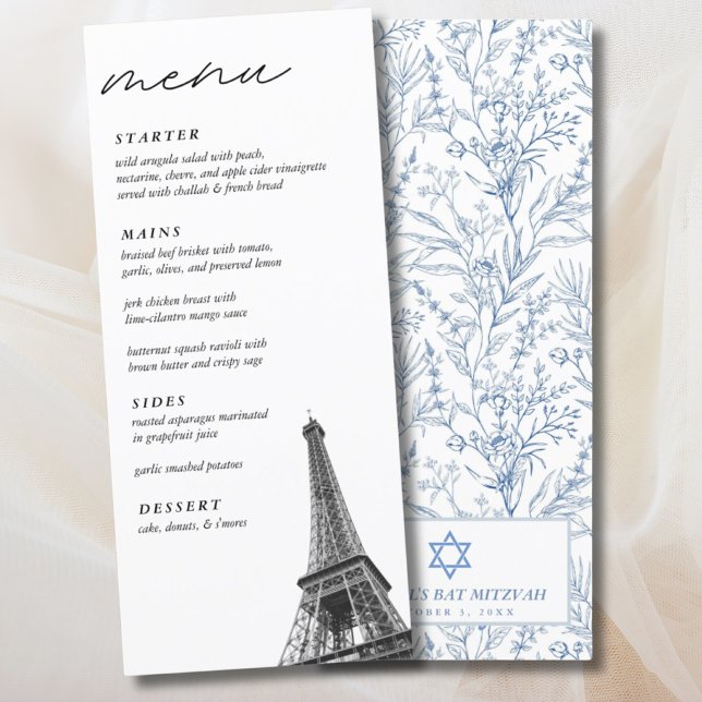 Menú elegante de la torre Eiffel de la toile franc (French Toile Bat Mitzvah Eiffel Tower Elegant Menu
)