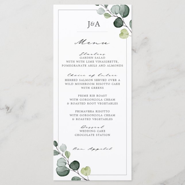 Menú Elegante Eucalyptus Greenery Boda (Anverso)