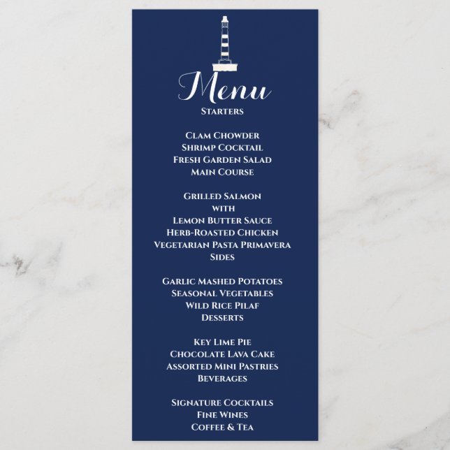 Menú Elegante Faro Boda Náutico Blanco y Azul (Anverso)