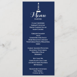 Menú Elegante Faro Boda Náutico Blanco y Azul