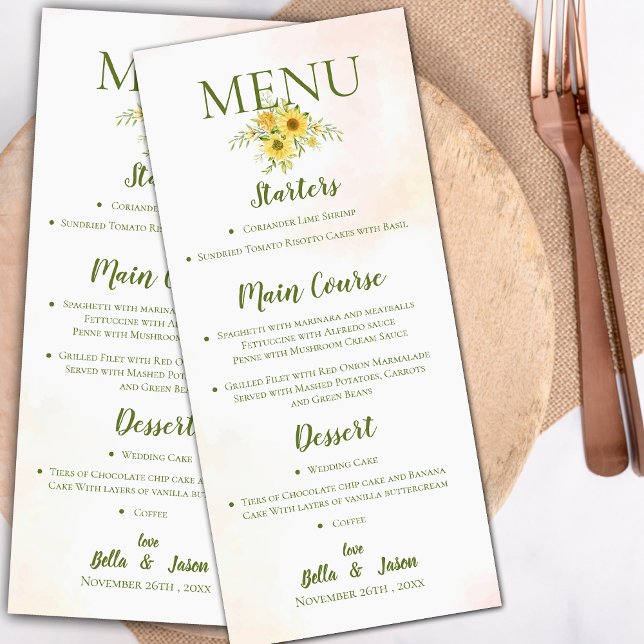 Menú Elegante fiesta de boda floral de flor amarillo am (Elegant Sunflower Yellow Cute Floral Wedding Party Menu)