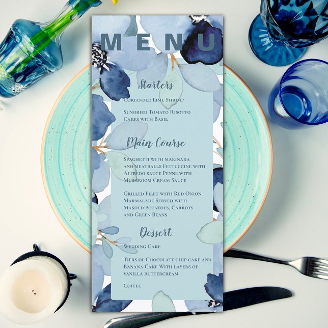 Menú Elegante fiesta de casamiento azul floral (Pretty Watercolor Blue Floral Wedding Party Menu)