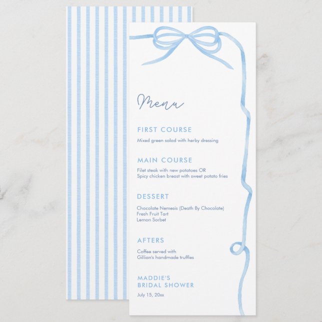 Menú Elegante Fiesta de ducha de novia azul claro (Anverso / Reverso)