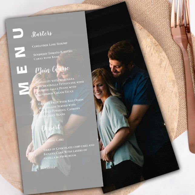 Menú Elegante fiesta moderna de Faux Vellum foto Weddin (Elegant Modern Faux Vellum Photo Wedding Party Menu)