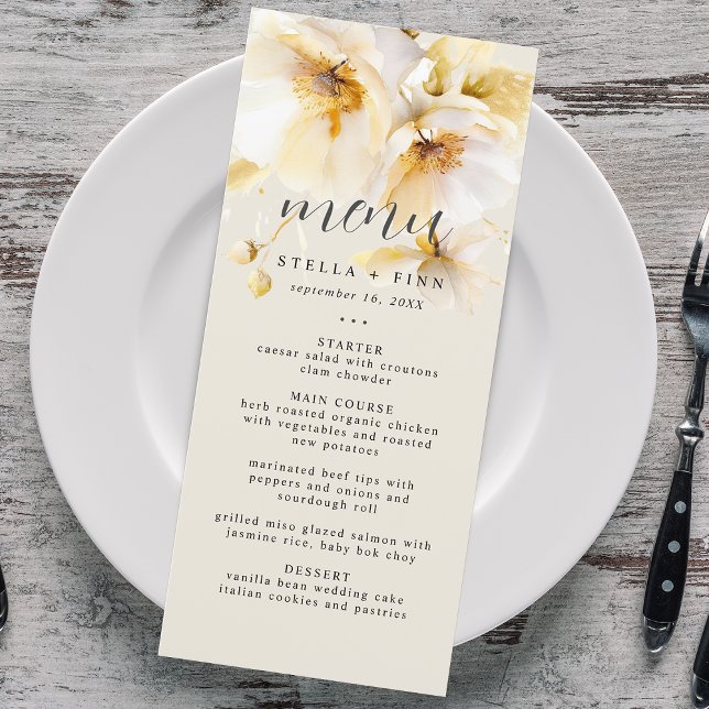 Menú Elegante Flor de Oro Blanco Arena de Boda (Elegant Flower White Gold Wedding Sand Menu)
