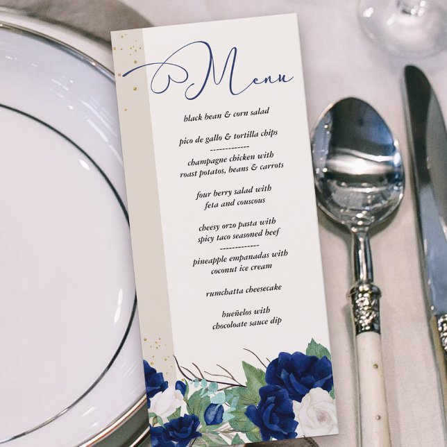 Menú Elegante floral azul real y Rosas de marfil (Menu with royal blue and ivory roses and elegant calligraphy)