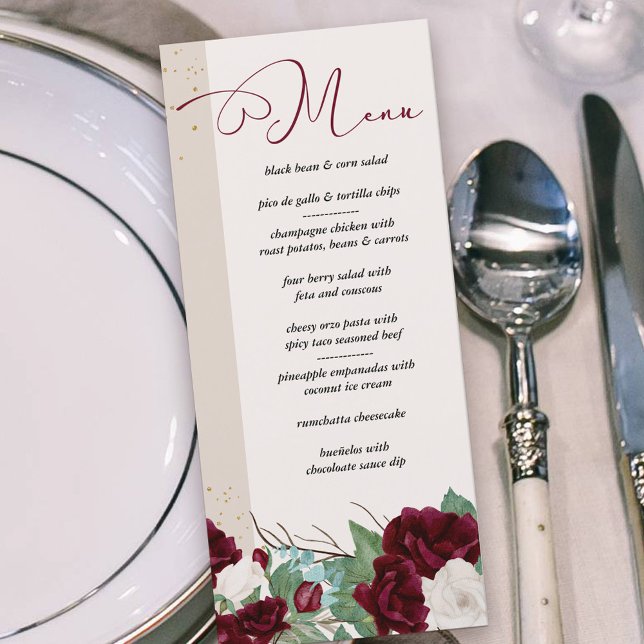 Menú Elegante floral de Borgoña y Rosas de Marfil (Menu with burgundy red and ivory roses and elegant calligraphy)