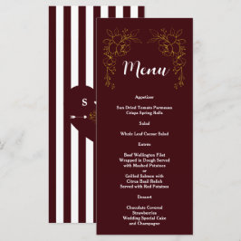Menú Elegante Floral Dorada Profundas Rayas Burgundy Bo