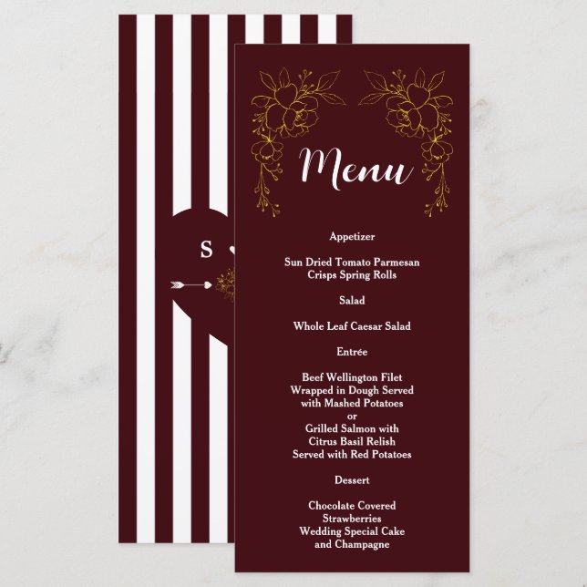 Menú Elegante Floral Dorada Profundas Rayas Burgundy Bo (Anverso / Reverso)