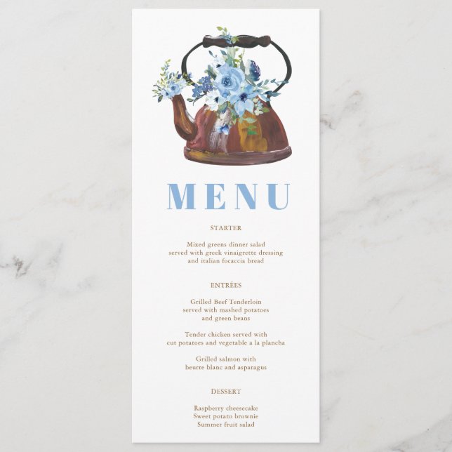 Menú Elegante Floral Dusty Blue Bridal Shower Tea Fiest (Anverso)