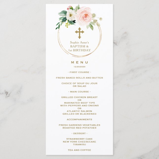 Menú Elegante floral rosa Rubor primer cumpleaños y bau (Anverso)