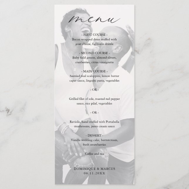 Menú Elegante fotografía de caligrafía boda moderna (Anverso)