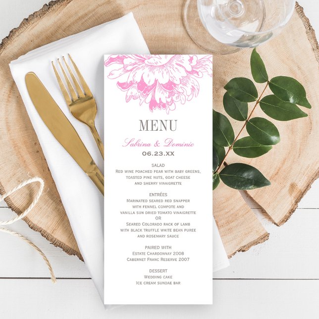 Menú Elegante Fuchsia Boda de peonía floral rosa y gris (Subido por el creador)