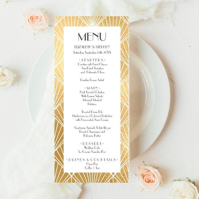 Menú Elegante Gatsby Art Deco Boda Blanco y Oro (Subido por el creador)
