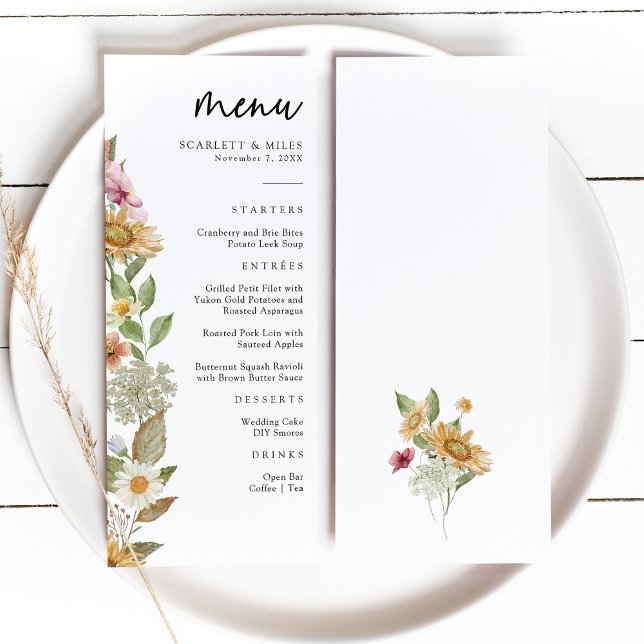 Menú Elegante girasol (Elegant White Watercolor Sunflower Wildflower Wedding Menu by Painted Paperie
)