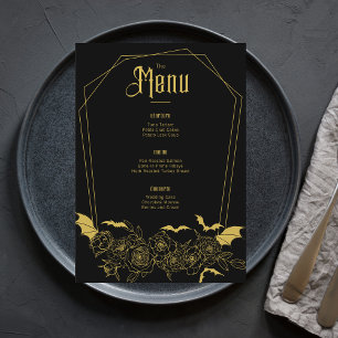 Menú Elegante Gothic Floral Black Gold Boda