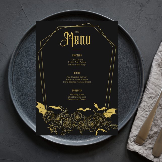 Menú Elegante Gothic Floral Black Gold Boda (Subido por el creador)