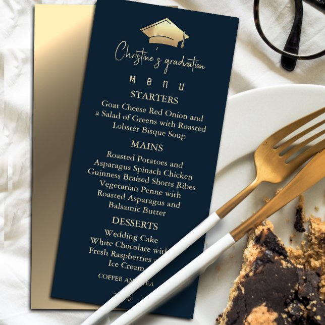 Menú Elegante graduación de la Marina Azul y Oro (Elegant Navy Blue and Gold Graduation Menu #graduationmenu #dinner #graduate)