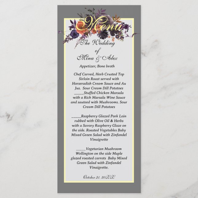 Menú Elegante gris floral oscuro otoño (Anverso)