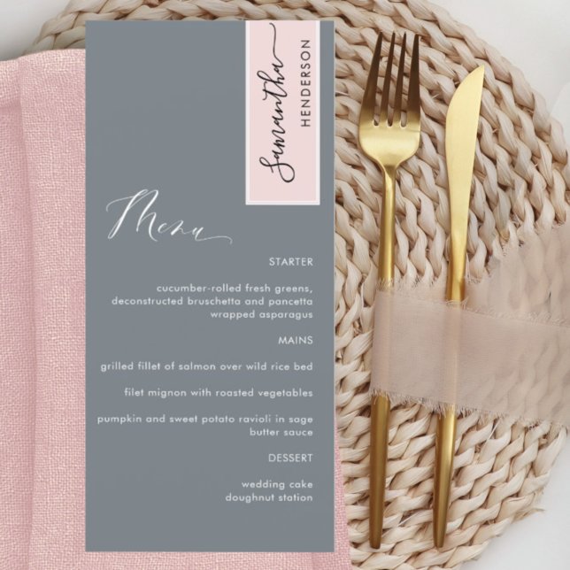 Menú elegante gris y Rosa con nombre de invitado (Subido por el creador)