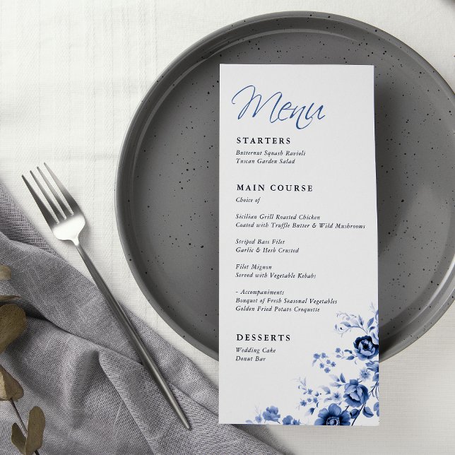 Menú Elegante guión Boda de tela floral azul francés (Subido por el creador)