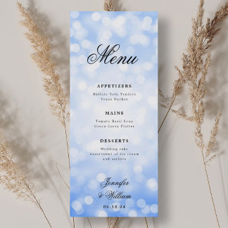 Menú Elegante guión Boda Navy luces de bokeh azules