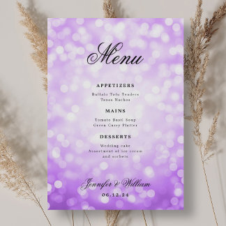 Menú Elegante guión Boda Purple Bokeh Luces