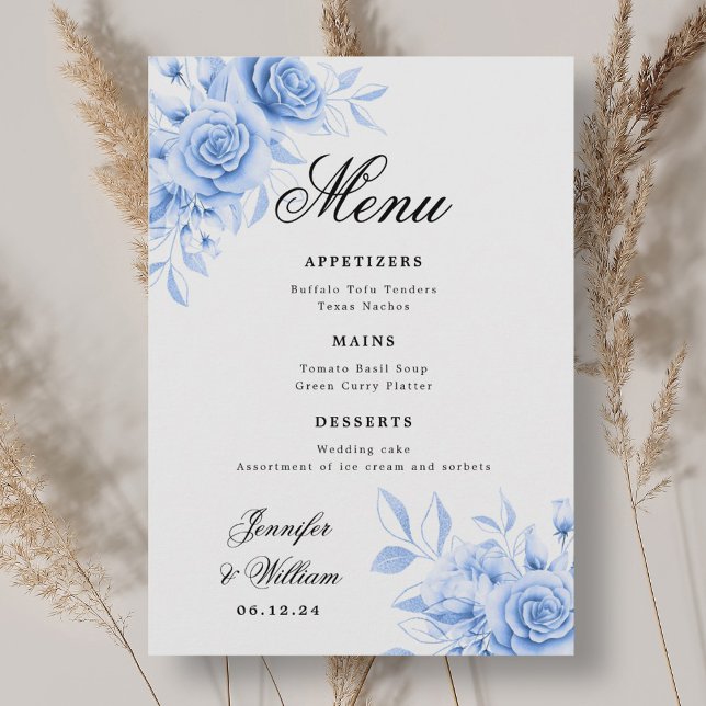 Menú Elegante guión de Boda romántico floral (Elegant Script Romantic Wedding Navy Floral Menu)