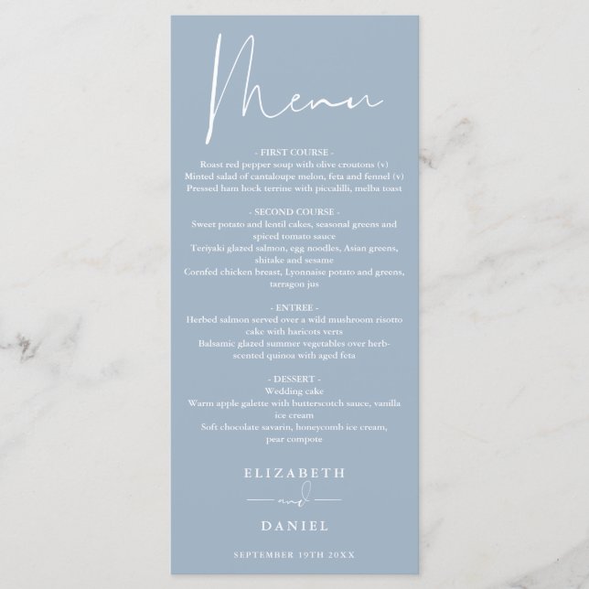 Menú Elegante guión moderno Dusty Blue Boda Cena (Anverso)