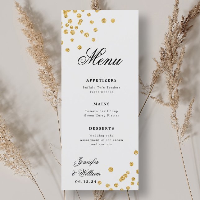 Menú Elegante guión romántico Boda Confetti Gold (Elegant Script Romantic Wedding Confetti Gold Menu)