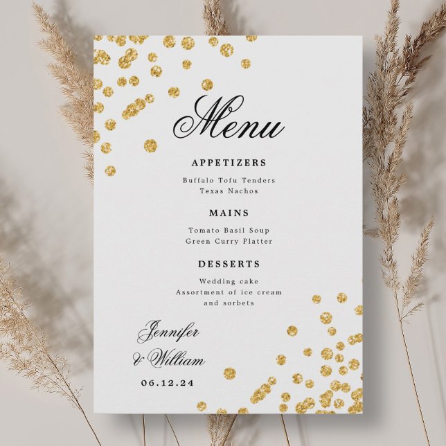 Menú Elegante guión romántico Boda Confetti Gold (Elegant Script Romantic Wedding Confetti Gold Menu)