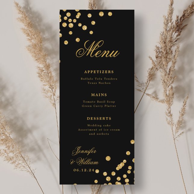 Menú Elegante guión romántico Boda Confetti Gold Blac (Elegant Script Romantic Wedding Confetti Gold Blac Menu)