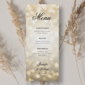 Menú Elegante guión Romántico Boda Luces de Oro Bokeh