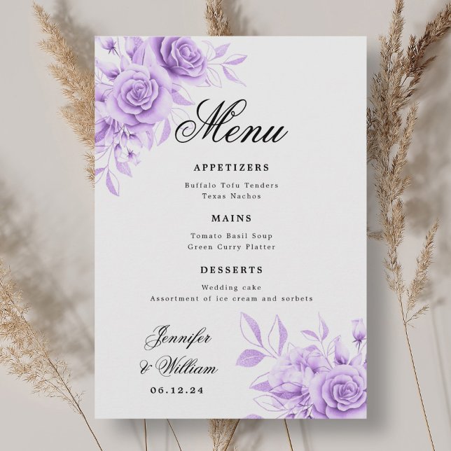 Menú Elegante guión romántico Boda morado floral (Elegant Script Romantic Wedding Purple Floral Menu)
