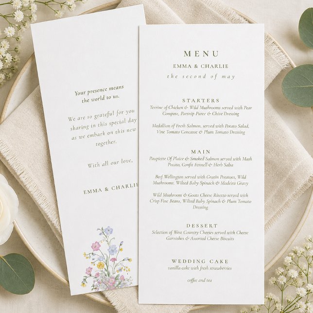 Menú Elegante guión verde Doble lado Boda  (Elegant Green Script Double Side Wedding Menu)