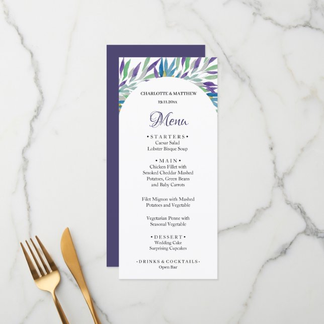 Menú Elegante Hermosa Acuarela Morada Boho Floral (Anverso/Reverso In Situ)