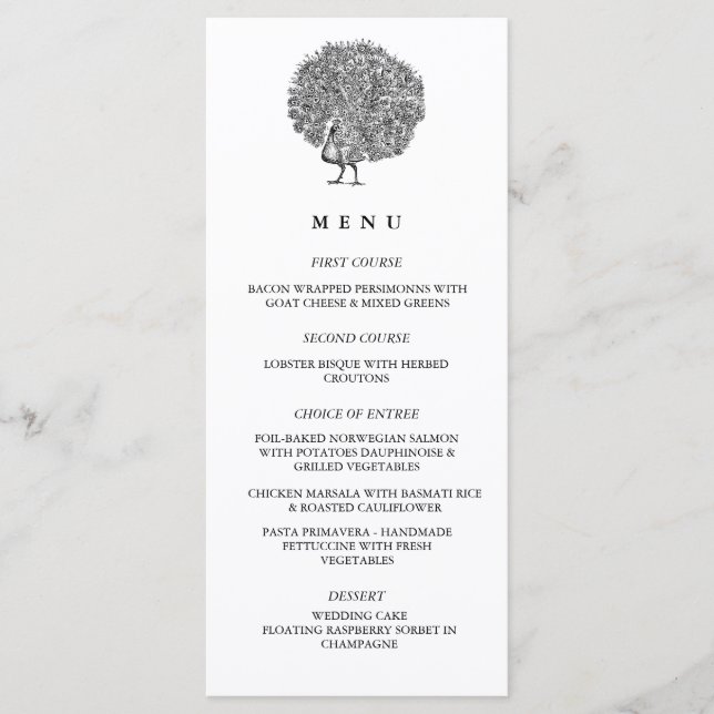 Menú Elegante Ilustracion de época Boda Peacock (Anverso)