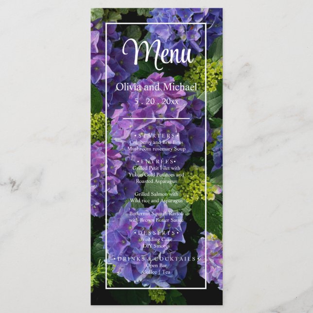 Menú Elegante magenta púrpura azul verde hidrangea flor (Anverso)